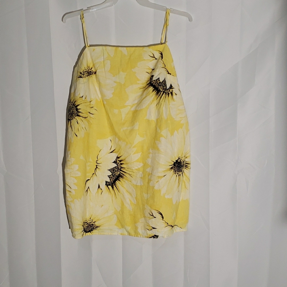 Linen Cotton Yellow Floral Sunflower Print Sun Dress Size XL.